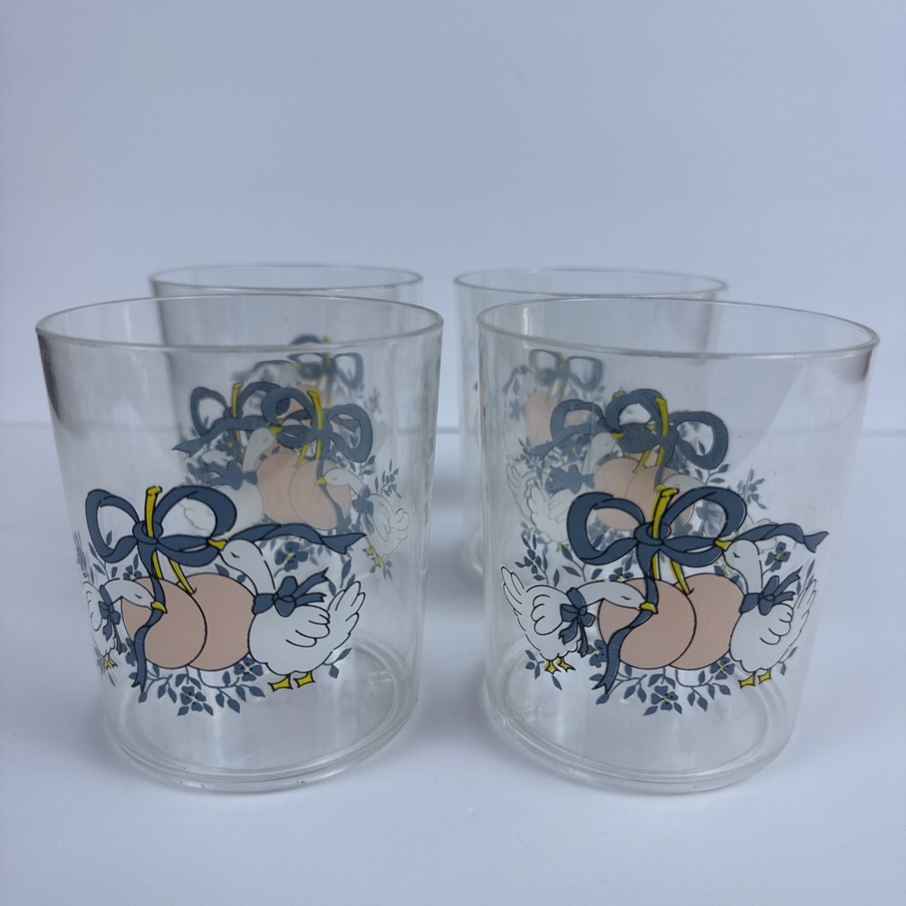Vintage Acrylic Tumblers Set of 4 Geese Peach Bow Blue Floral 3.75" Taiwan